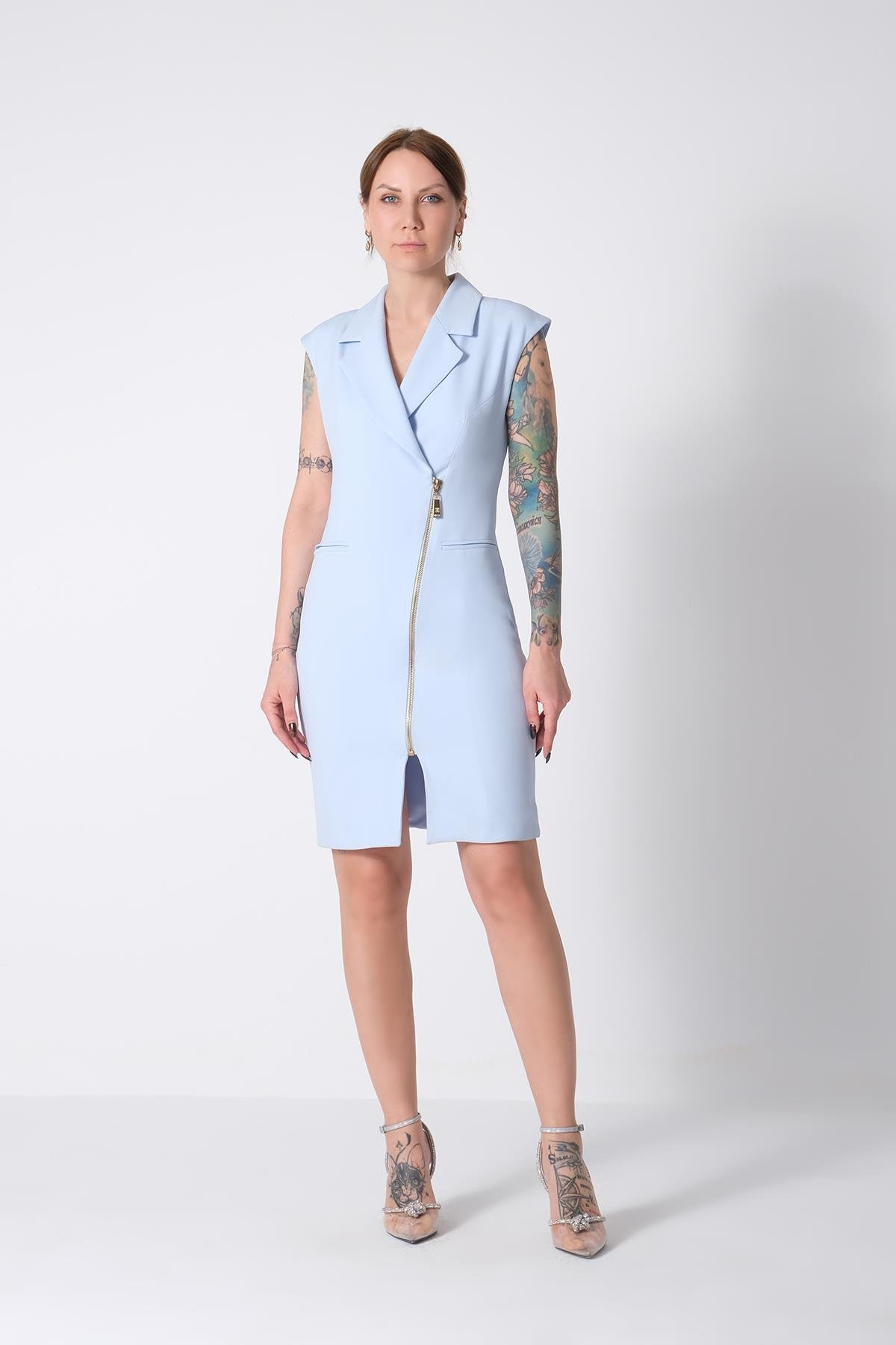 Gold Metal Fermuarlı Mini Ceket Elbise