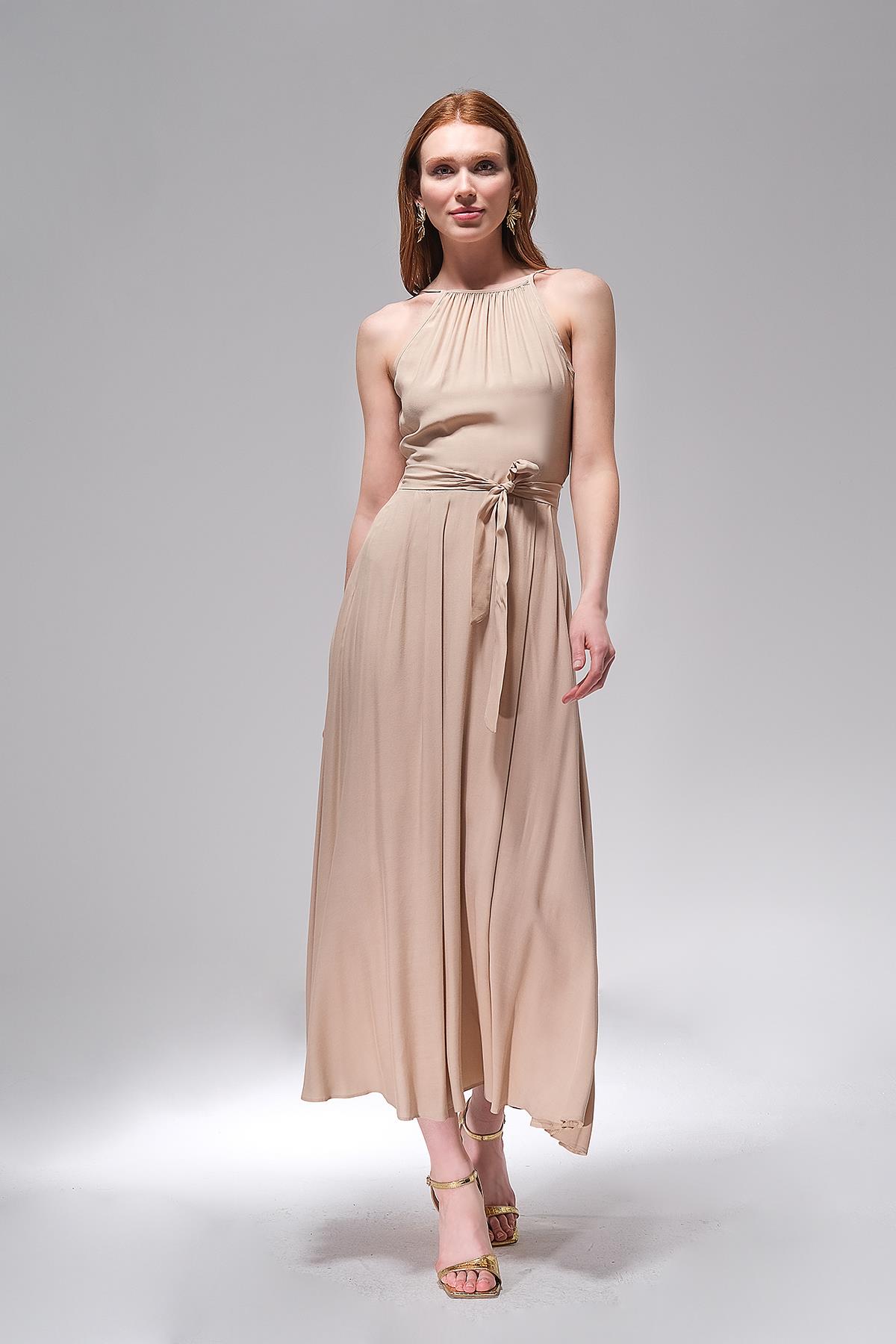 Halter Yaka Midi Boy Elbise