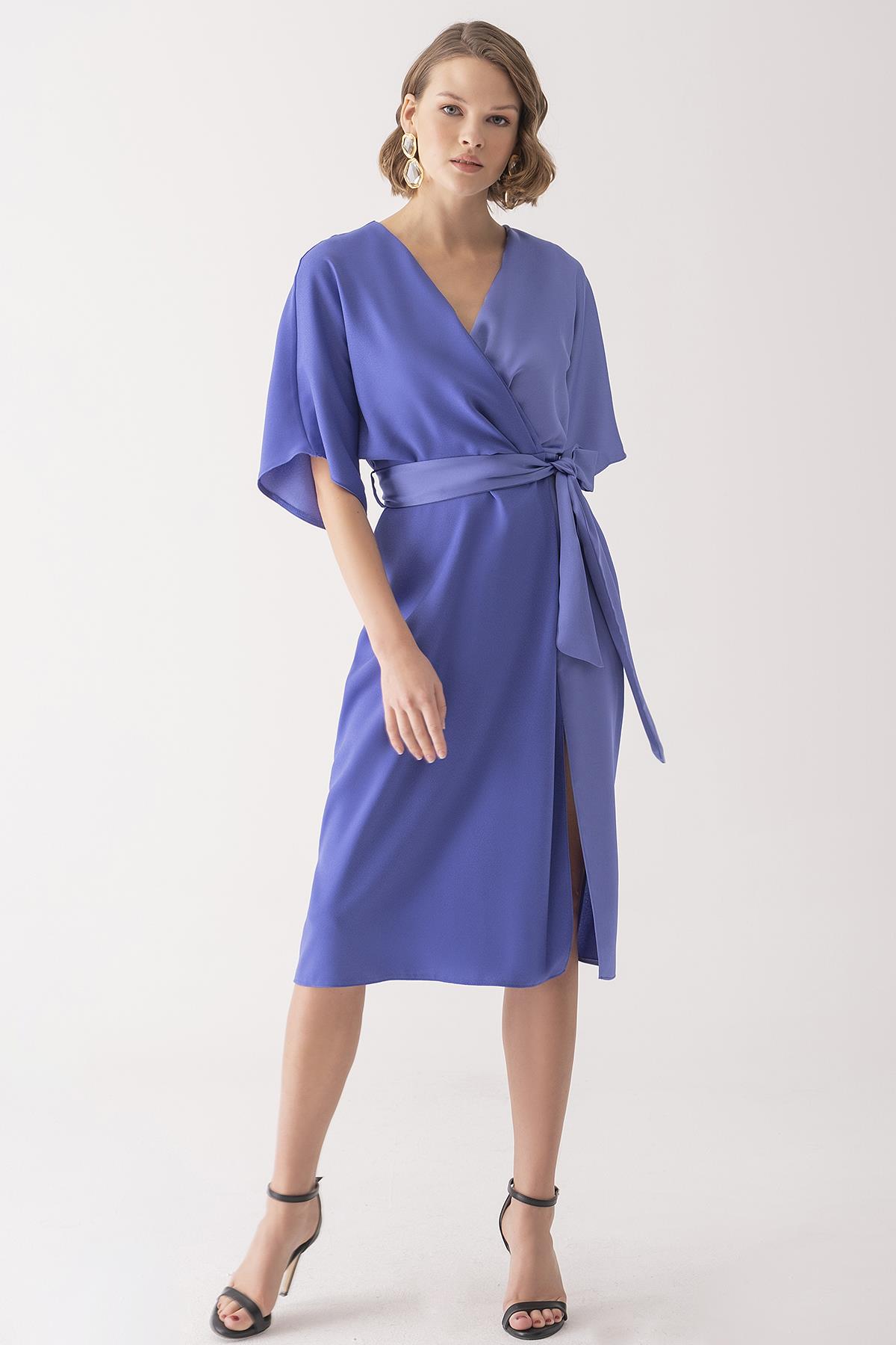 Kruvaze Yaka Midi Boy Elbise