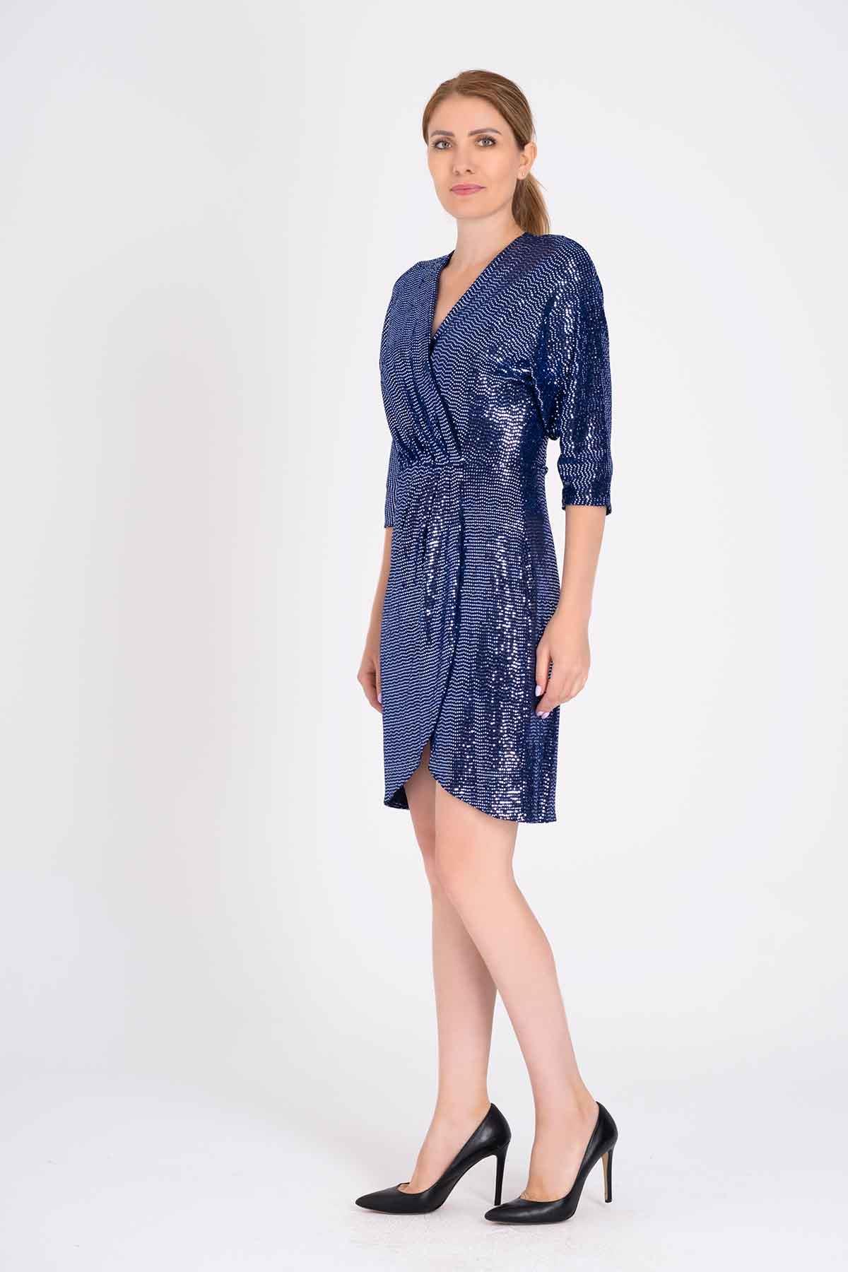 Kruvaze Yaka Mini Payet Elbise