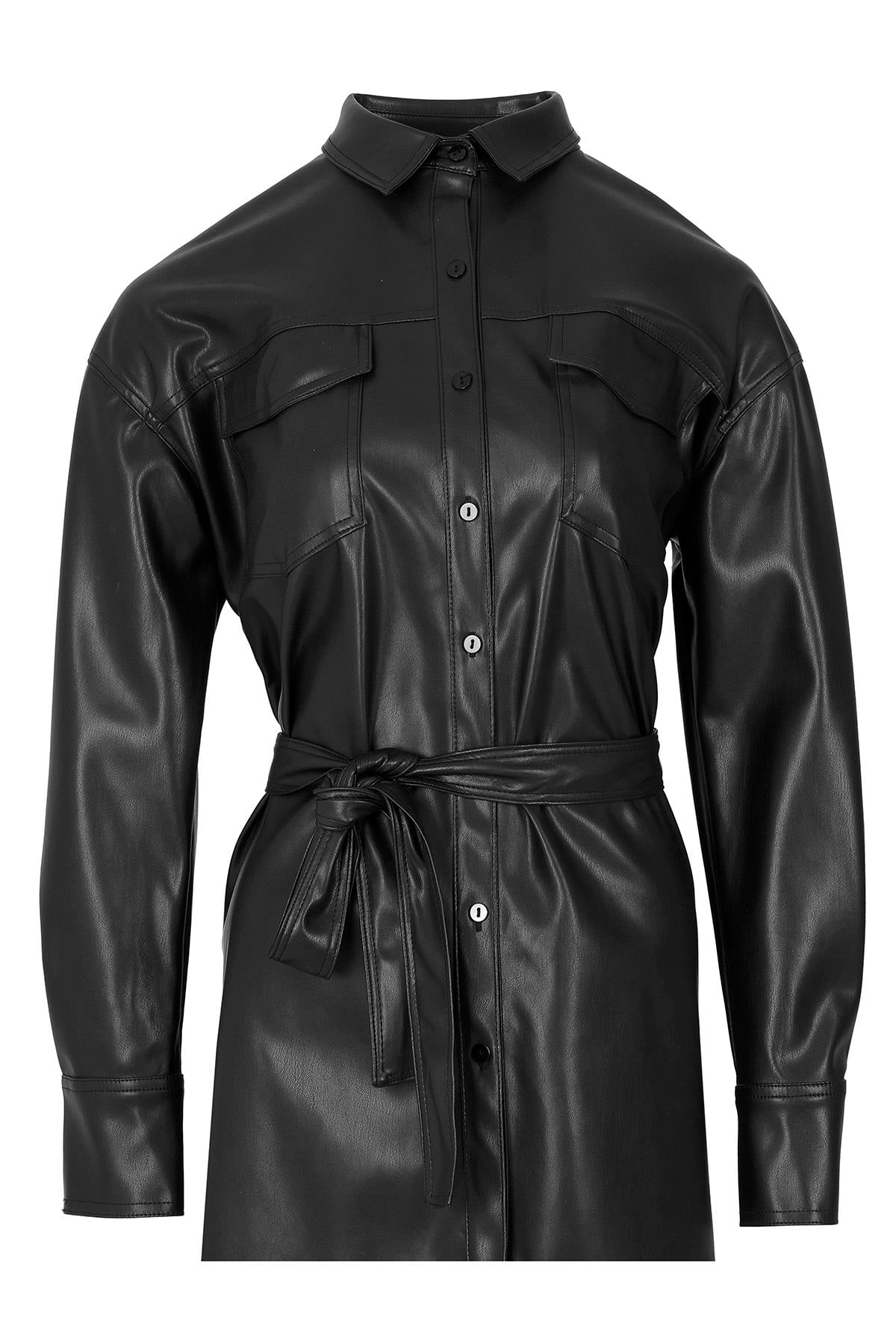 Kuşaklı Suni Deri Ceket