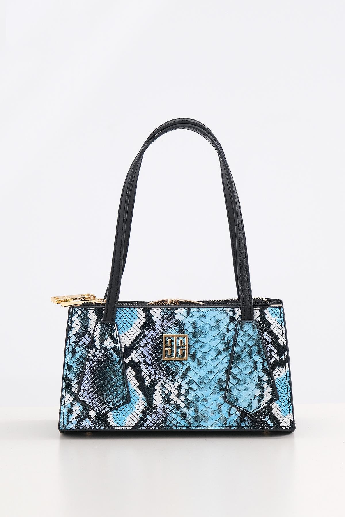 Piton Desenli Çift Fermuarlı Klipsli Şık Çanta