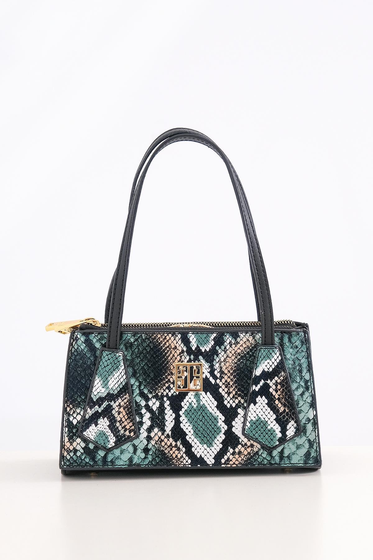 Piton Desenli Çift Fermuarlı Klipsli Şık Çanta