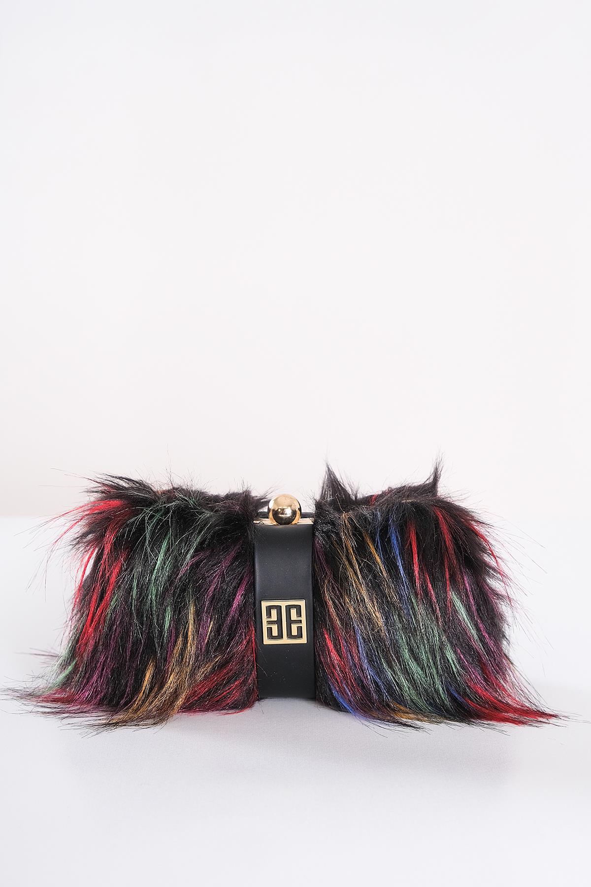 Renkli Tüylü Clutch Çanta