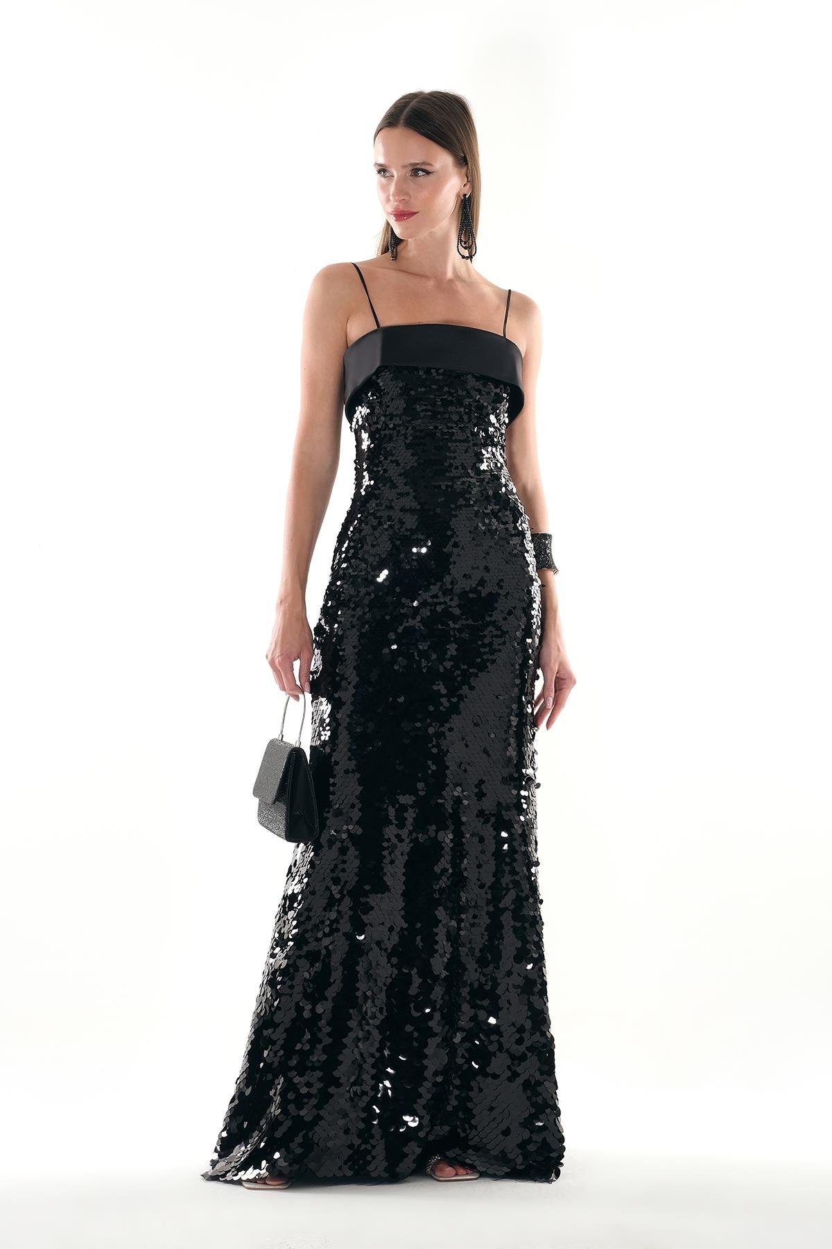 Saten Garnili Pul Payet İnce Askılı Metal Fermuarlı Maksi Boy Abiye Elbise