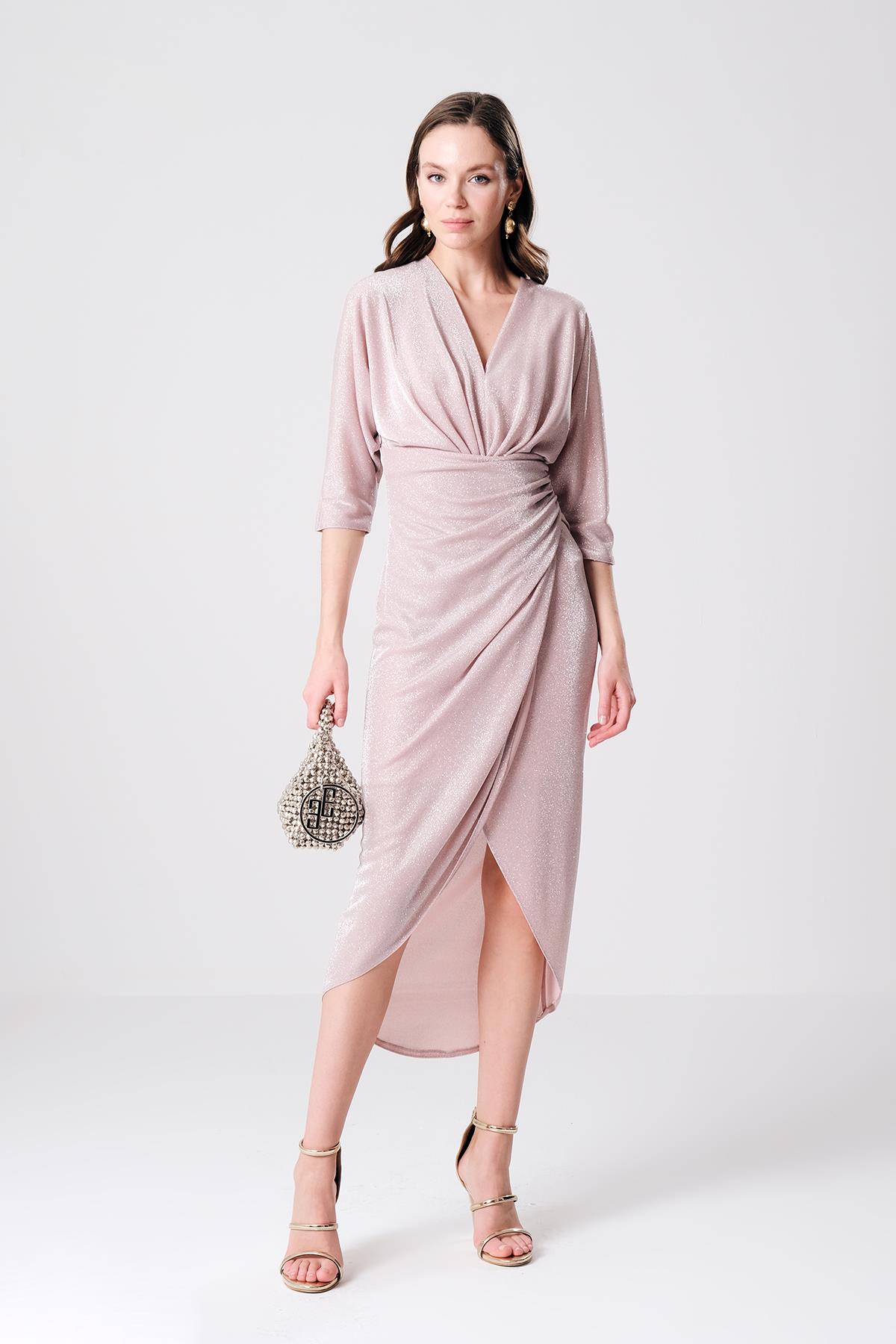 Simli Dokulu V Yakalı Eteği Anvelop Midi Boy Elbise