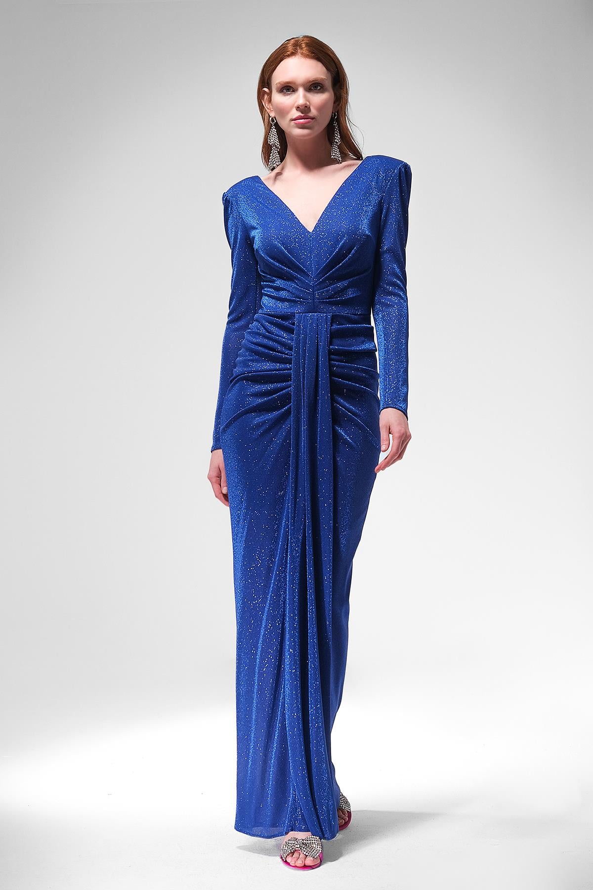 Simli V Yakalı Maxi Boy Abiye Elbise