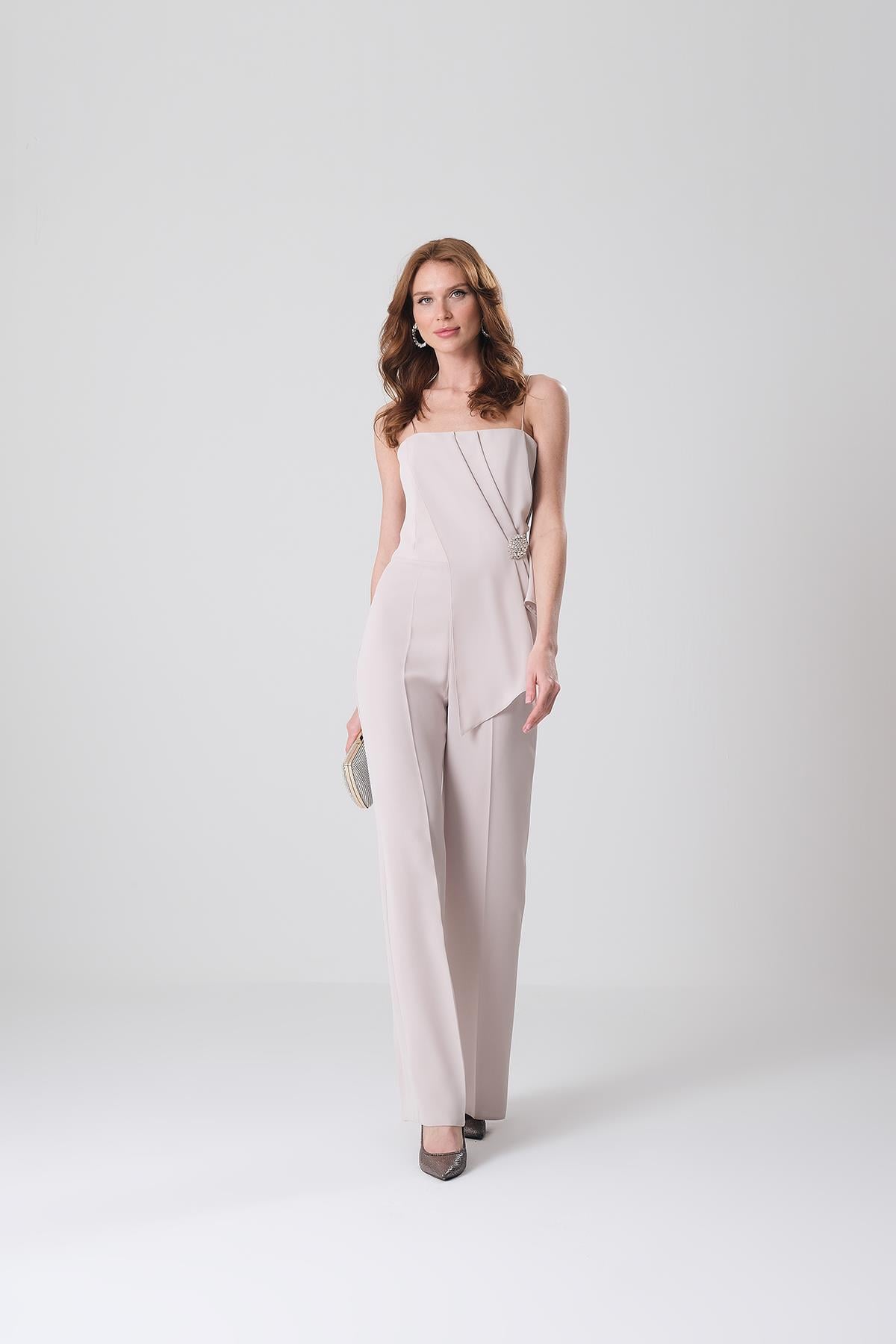 Taşlı Broşlu Aller Drape Detaylı Bol Paça Şık Tulum
