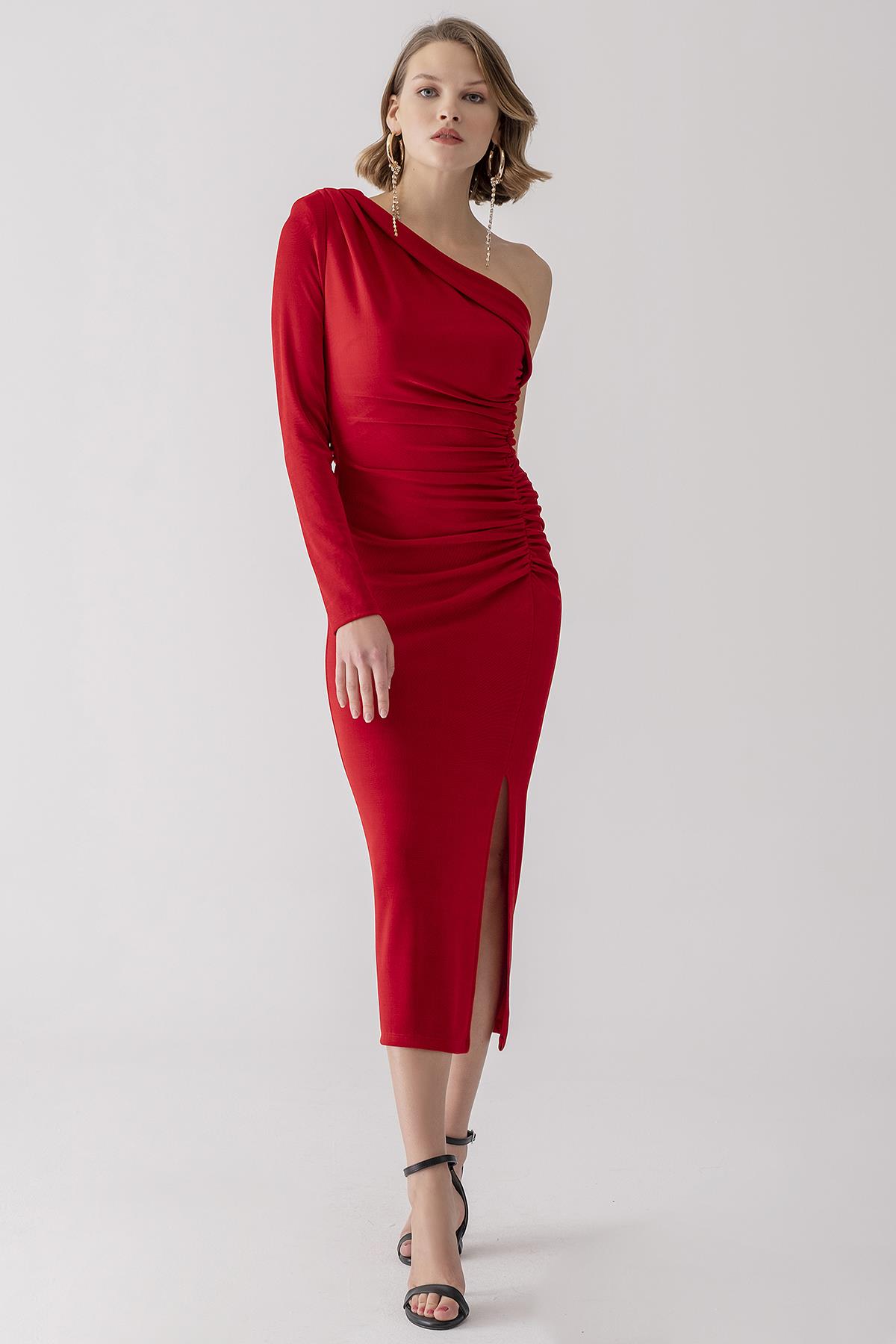 Tek Kollu Midi Boy Elbise