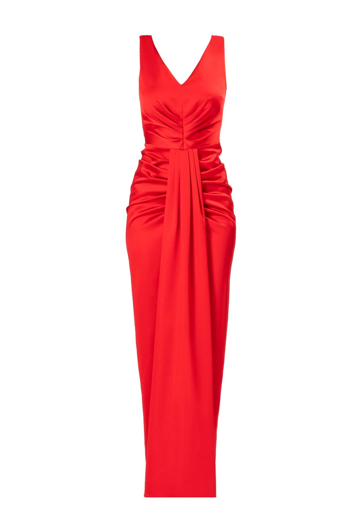 V Yaka Drape Detaylı Saten Elbise