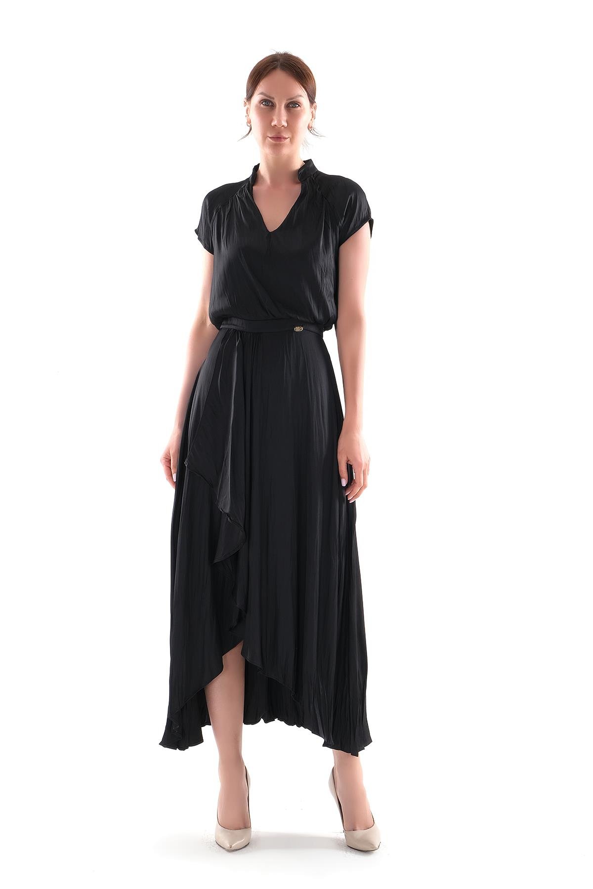 V Yakalı Kruvaze Kapamalı Saten Midi Boy Elbise