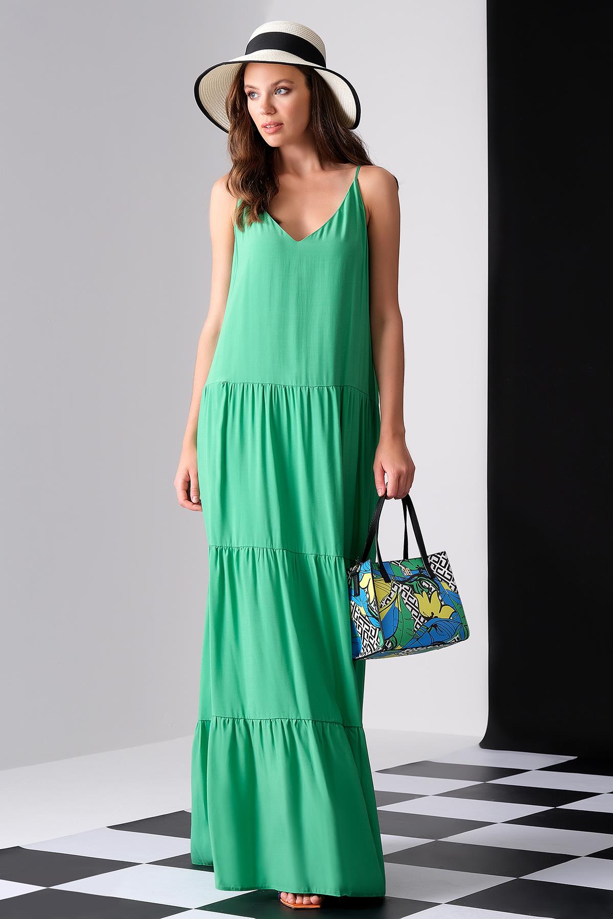 V Yakalı Maksi Boy Elbise