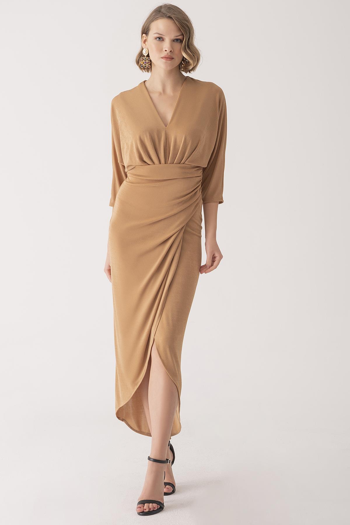 V Yakalı Midi Elbise