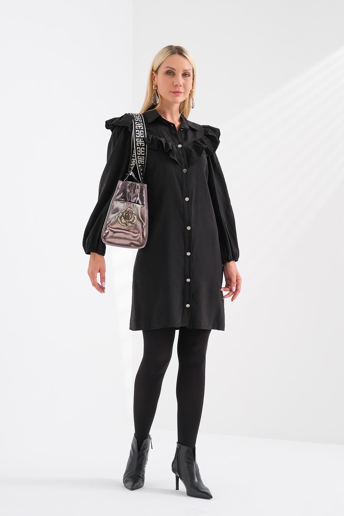 Volan Detaylı Kolu Lastikli Elbise