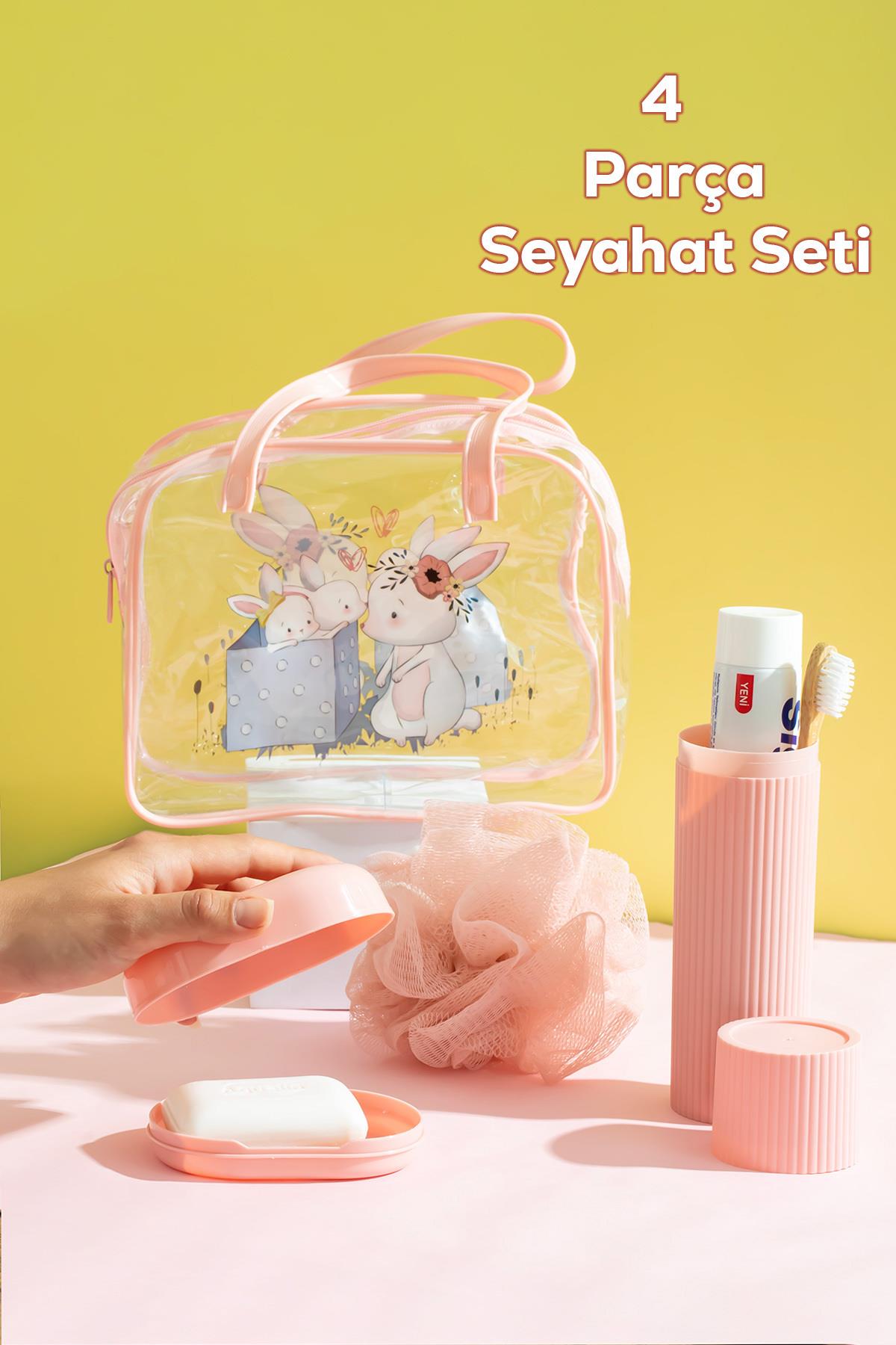Porsima 3143 Tavşan Figürlü Seyahat Seti - Diş Fırçası Kutusu Banyo Lifi Sabun Kutusu Seyahat Çantası Pembe