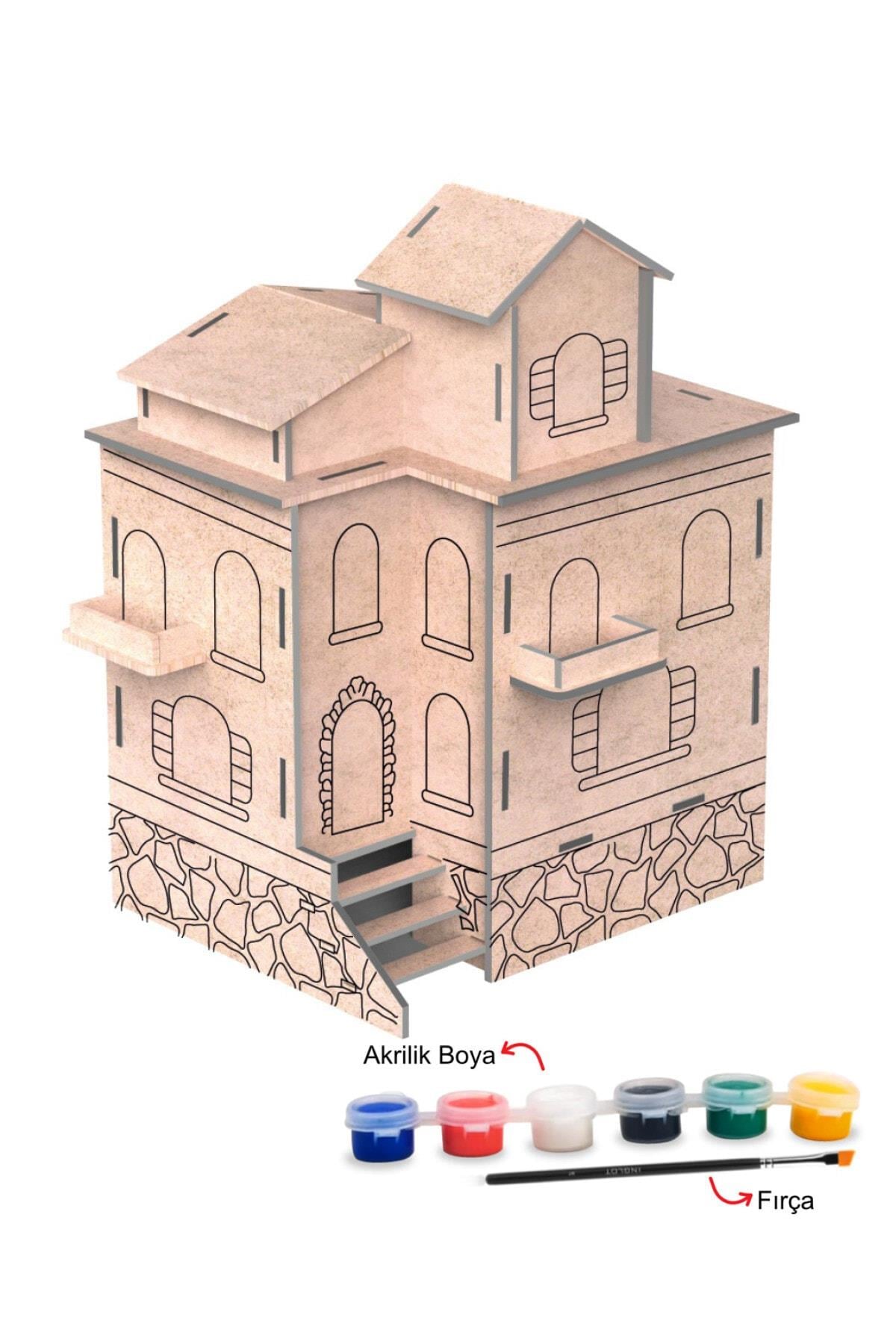 Mortoys Konak Modeli Ahşap Maket Boyama Seti, 6lı Boya Ve Fırça Dahil