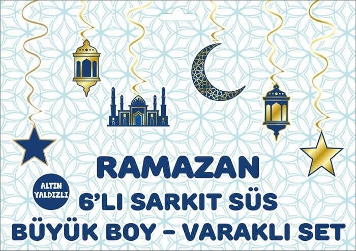 Altın Yaldızlı Ramazan Tavan Sarkıt Süsü 6lı Mahya Hilal Cami Lacivert Konsept Dini Bayram Süsü