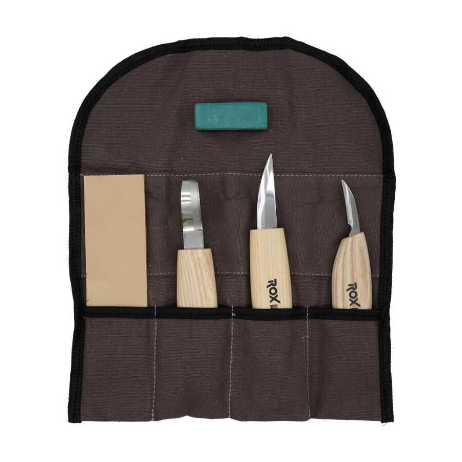 Rox Wood 5 Parça Bez Çantalı Ahşap Kaşık Kuksa Oyma Bıçağı Seti