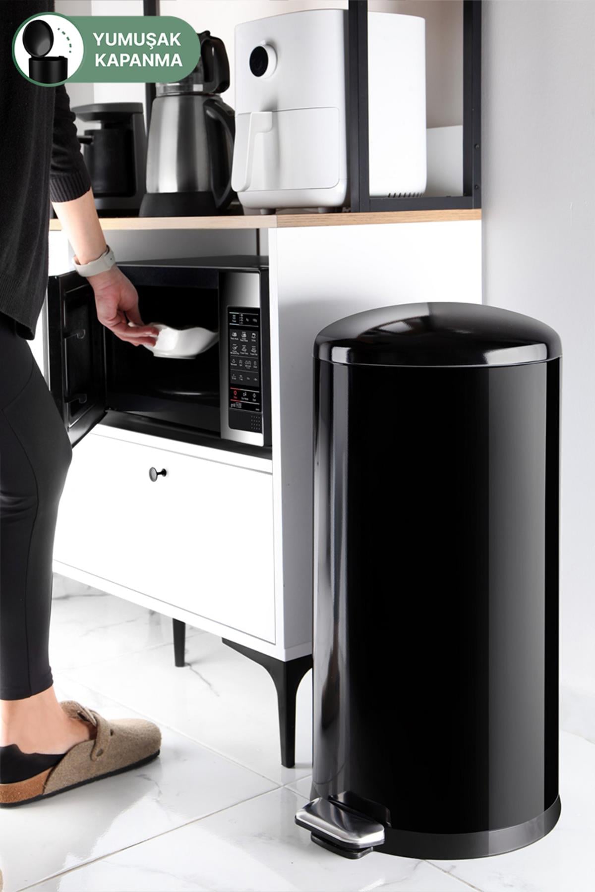 Prima Nova Paslanmaz Çelik Bombe Kapaklı Çöp Kovası 40 Litre Siyah