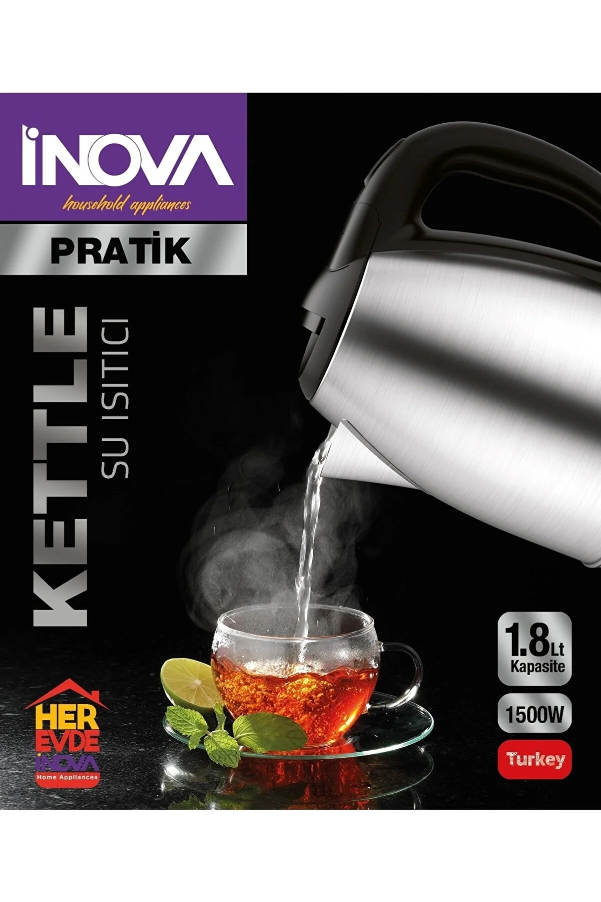 İnova Pratik Paslanmaz Çelik Kettle Su Isıtıcısı 360 Dönebilen Gövde PRATİK