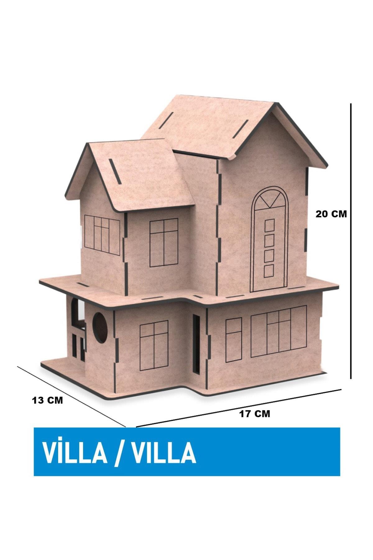 Mortoys Villa Modeli Ahşap Maket Boyama Seti, 6'lı Boya Ve Fırça Dahil