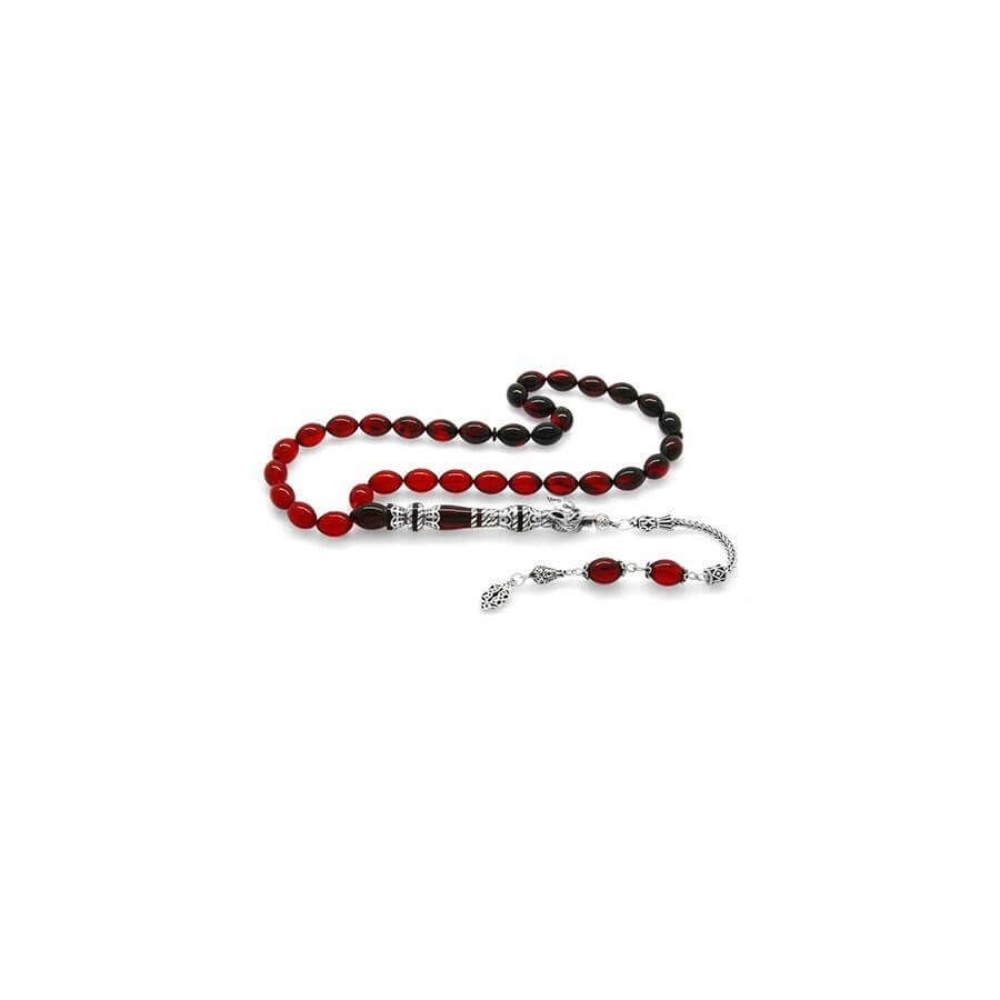925 Sterling Silver Embroidered Wolf Head Design Strained Red-Black Fire Amber Rosary - Baqqalia.com - The Best Shop to Buy Turkish Food and Products - Worldwide Free Shipping for Every Order Above 150 USD
