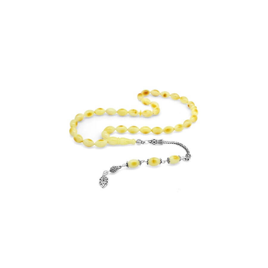 925 Sterling Silver Tasseled Barley Cut Yellow-White Moire Henna Drop Amber Rosary - Baqqalia.com - The Best Shop to Buy Turkish Food and Products - Worldwide Free Shipping for Every Order Above 150 USD