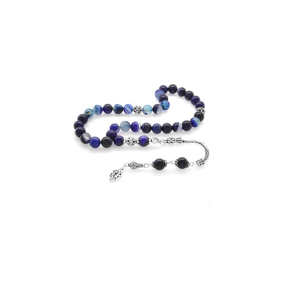 925 Sterling Silver Tasseled Globe Cut Blue-White Agate Natural Stone Rosary - Baqqalia.com - The Best Shop to Buy Turkish Food and Products - Worldwide Free Shipping for Every Order Above 150 USD