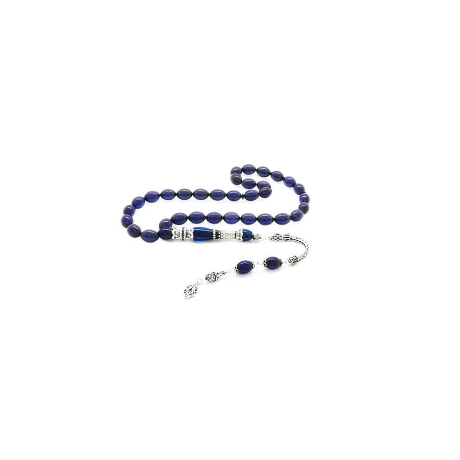 925 Sterling Silver Tasseled Silver Nakkaş Imamed Navy Blue Spinning Amber Rosary - Baqqalia.com - The Best Shop to Buy Turkish Food and Products - Worldwide Free Shipping for Every Order Above 150 USD