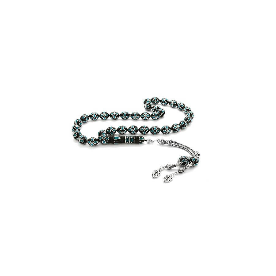925 Sterling Silver Tasseled Silver-Turquoise Embroidered Erzurum Oltu Stone Rosary - Baqqalia.com - The Best Shop to Buy Turkish Food and Products - Worldwide Free Shipping for Every Order Above 150 USD
