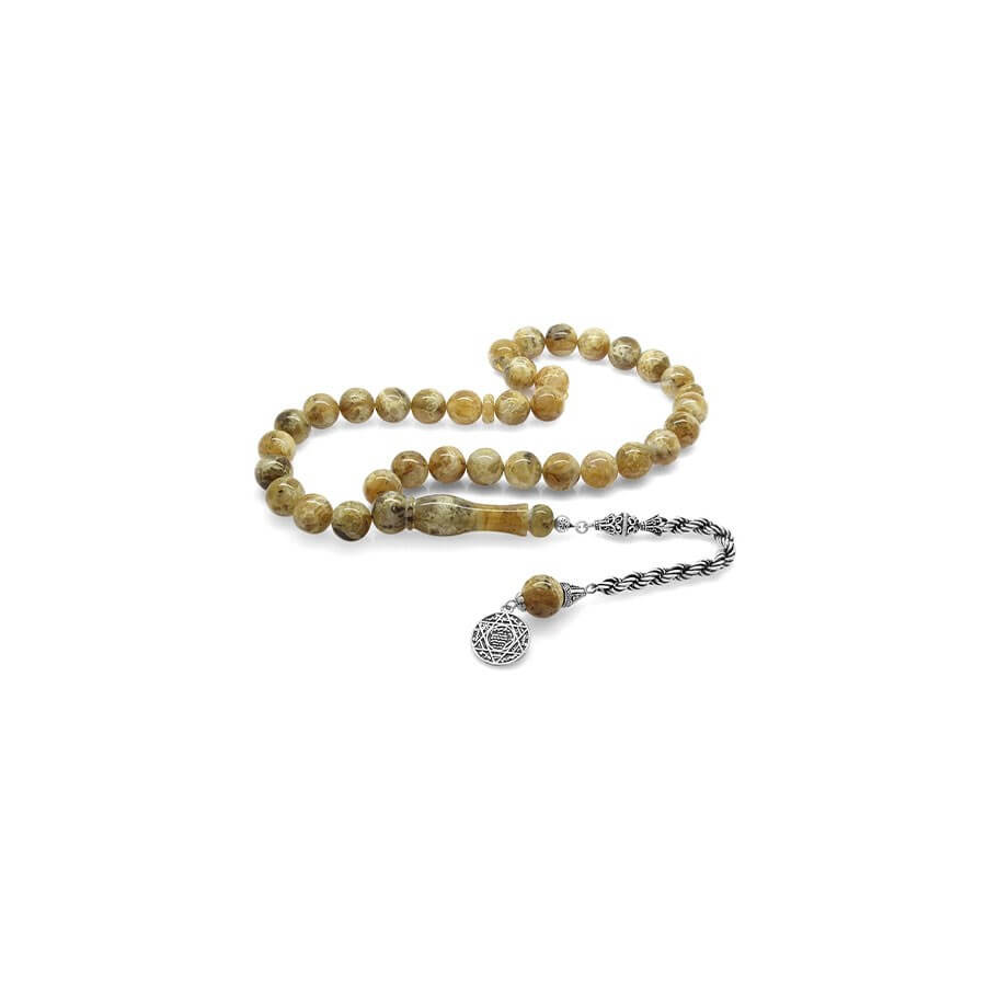 925 Sterling Silver Tasseled Sphere Cut Mosaic Patterned Large Size Amber Drop Rosary - Baqqalia.com - The Best Shop to Buy Turkish Food and Products - Worldwide Free Shipping for Every Order Above 150 USD