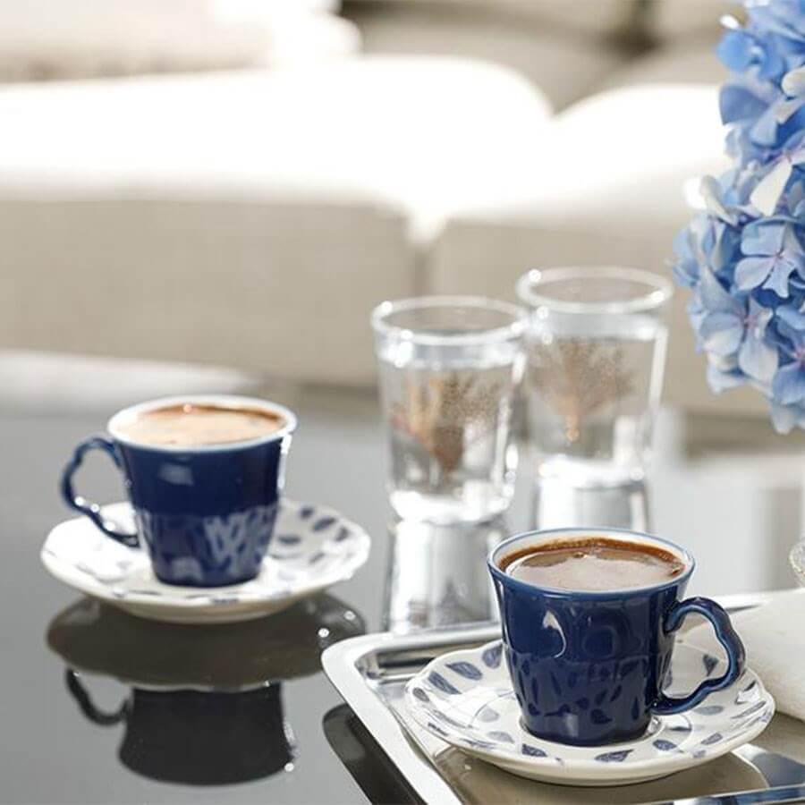 English Home-Clover Leaf Porcelain Set of 2 Coffee Cups 80 Ml White - Blue - Baqqalia.com - The Best Shop to Buy Turkish Food and Products - Worldwide Free Shipping for Every Order Above 100 USD