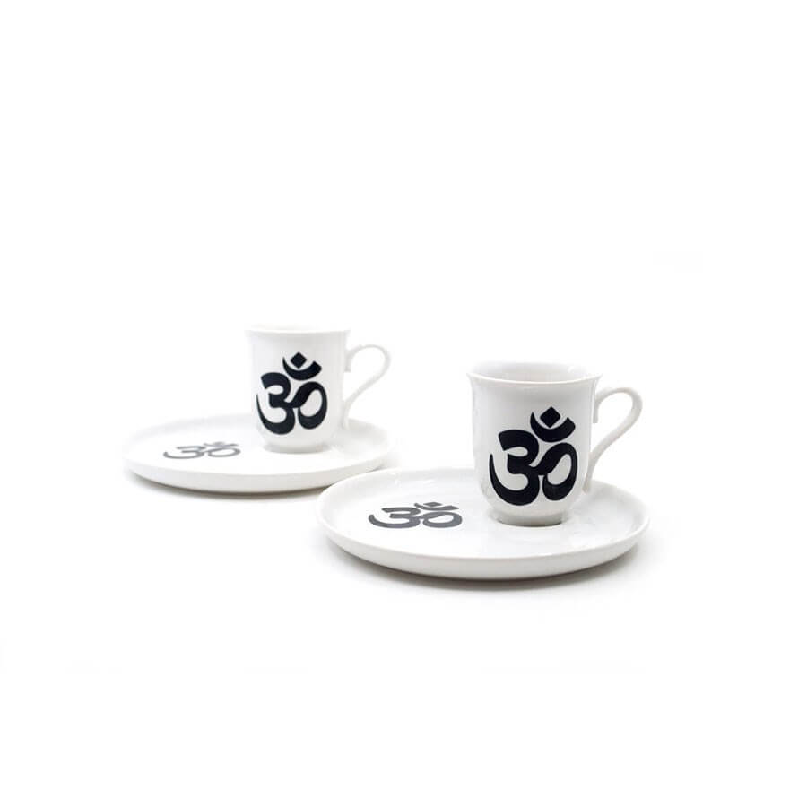 OM AND LOTUS COFFEE CUP AND PLATE | BLACK - Baqqalia.com - The Best Shop to Buy Turkish Food and Products - Worldwide Free Shipping for Every Order Above 150 USD