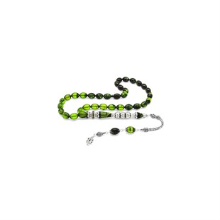 925 Sterling Silver Tasseled Silver Three Honorable Nakkaş Imameli Strained Green-Black Fire Amber Rosary - Baqqalia.com - The Best Shop to Buy Turkish Food and Products - Worldwide Free Shipping for Every Order Above 150 USD