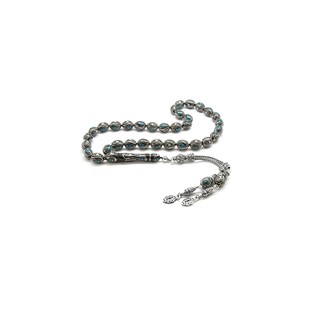 925 Sterling Silver Tasseled Silver-Turquoise Embroidered Barley Cut Erzurum Oltu Rosary(M2) - Baqqalia.com - The Best Shop to Buy Turkish Food and Products - Worldwide Free Shipping for Every Order Above 150 USD
