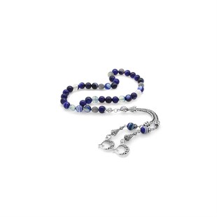 Untarnish Metal Crescent and Star Tasseled Globe Cut Blue-White Agate Natural Stone Rosary - Baqqalia.com - The Best Shop to Buy Turkish Food and Products - Worldwide Free Shipping for Every Order Above 150 USD