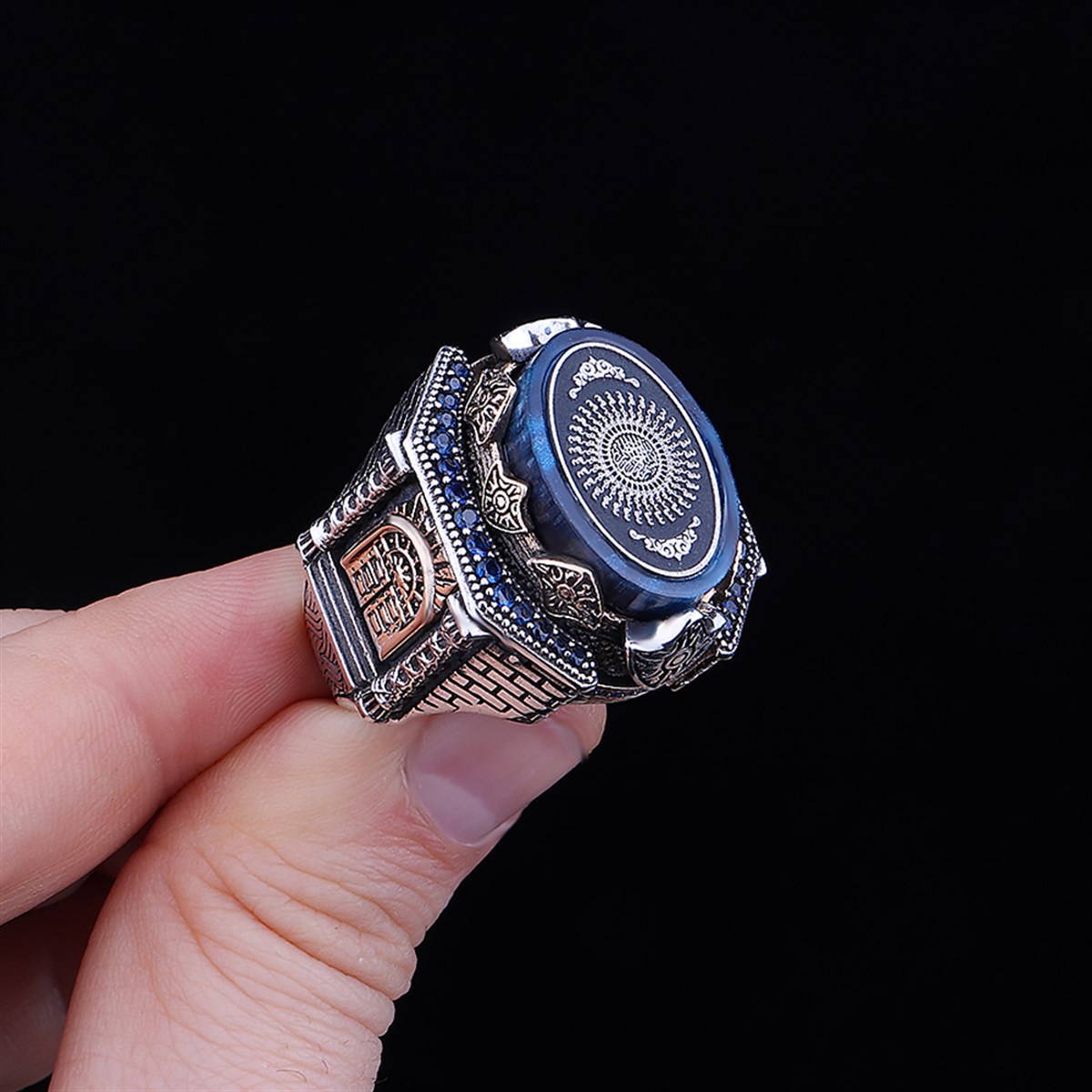 35 Besmele İşlemeli Kale Model Kehribar Taşlı Gümüş Yüzüğü