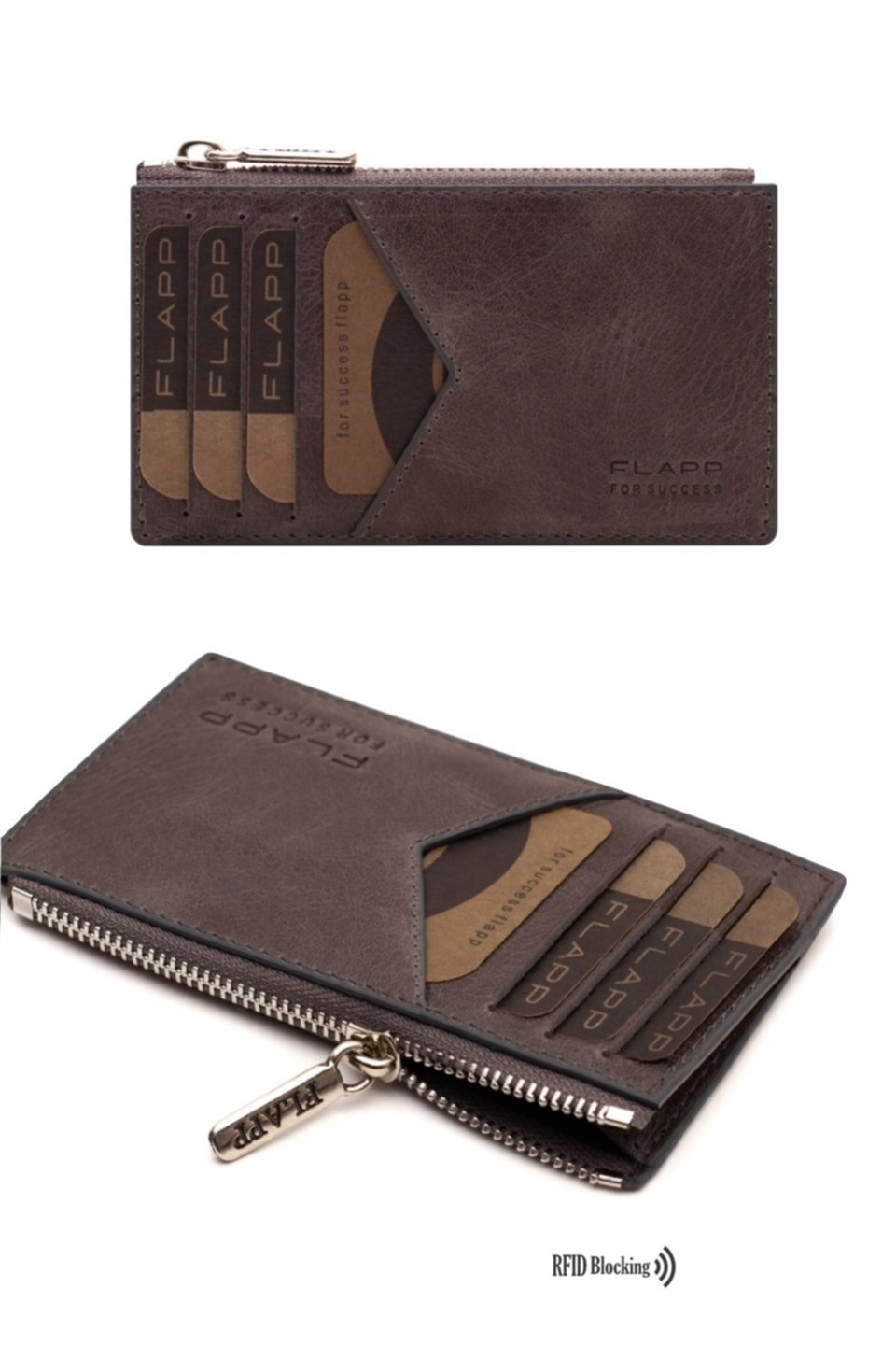 Flapp Deri Crazy Gri Rfıd Engelleyici Fermuarlı Bozukpara Gözlü Unisex Çanta Cüzdan