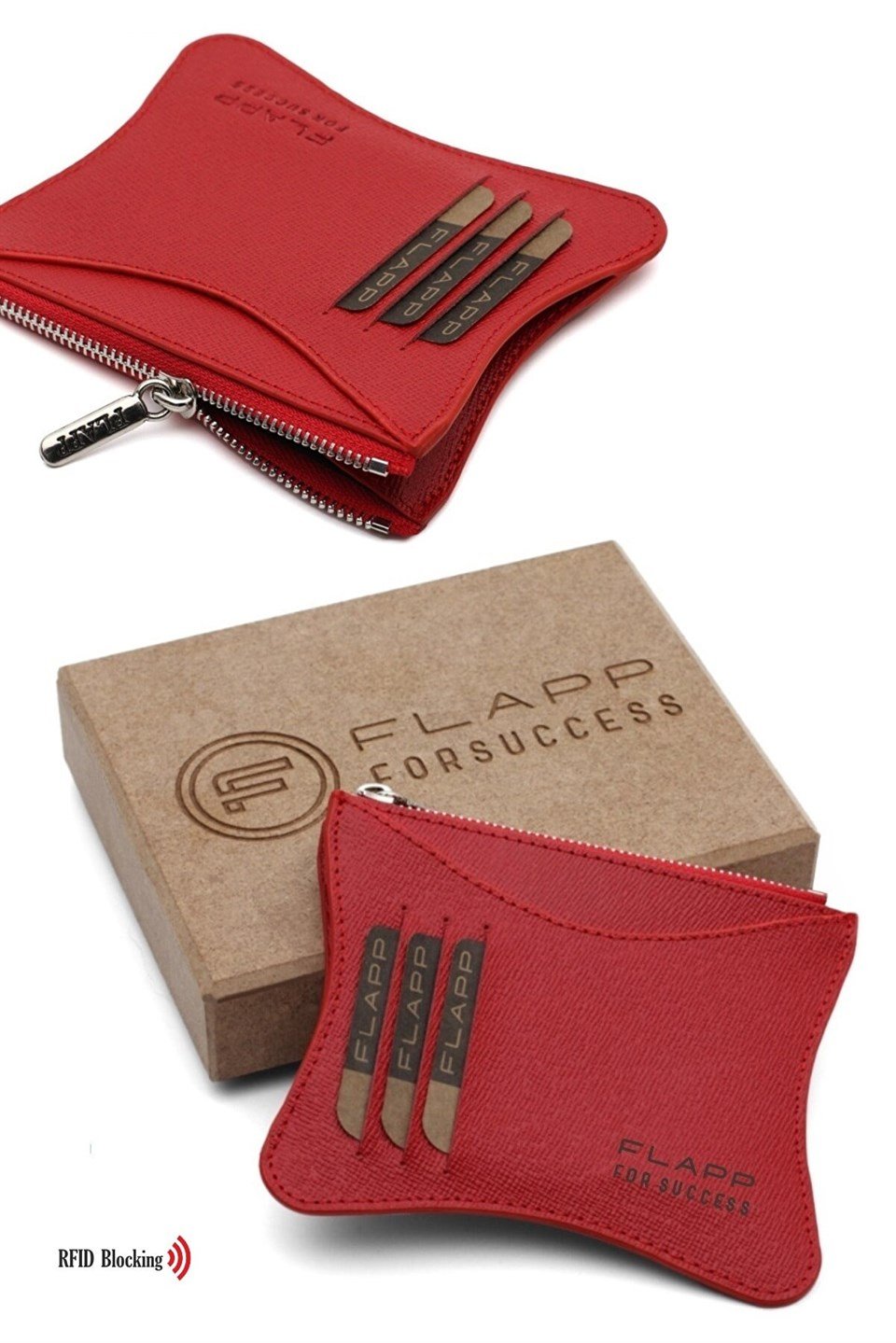 Flapp Deri Desenli Kırmızı Rfıd Korumalı Engelleyici Fermuarlı Bozukpara Gözlü Kadın Çanta Cüzdan