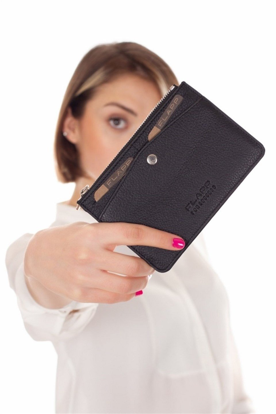 Flapp Deri Flotur Siyah Rfıd Korumalı Engelleyici Fermuarlı Bozukpara Gözlü Çanta Cüzdan