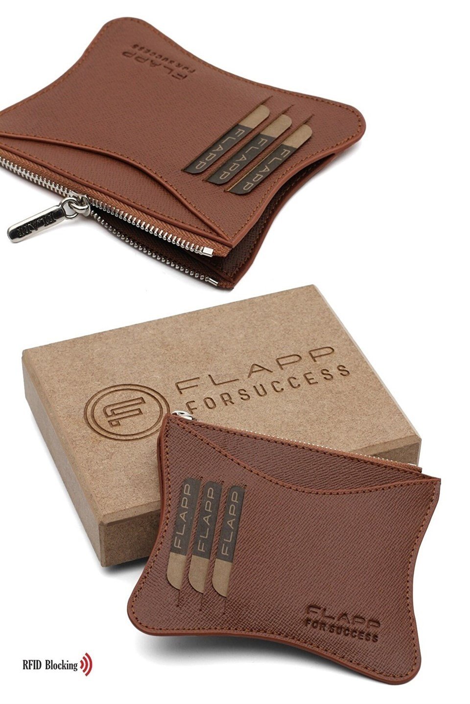 Flapp Deri Kahve Desenli Rfıd Korumalı Engelleyici Fermuarlı Bozukpara Gözlü Kadın Çanta Cüzdan