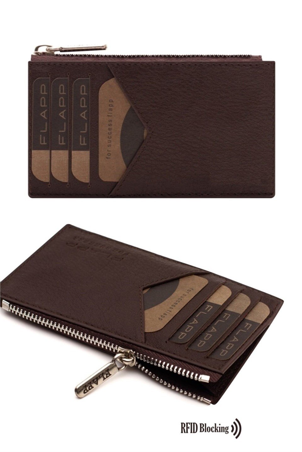 Flapp Deri Kahverengi Rfıd Engelleyici Fermuarlı Bozukpara Gözlü Unisex Çanta Cüzdan