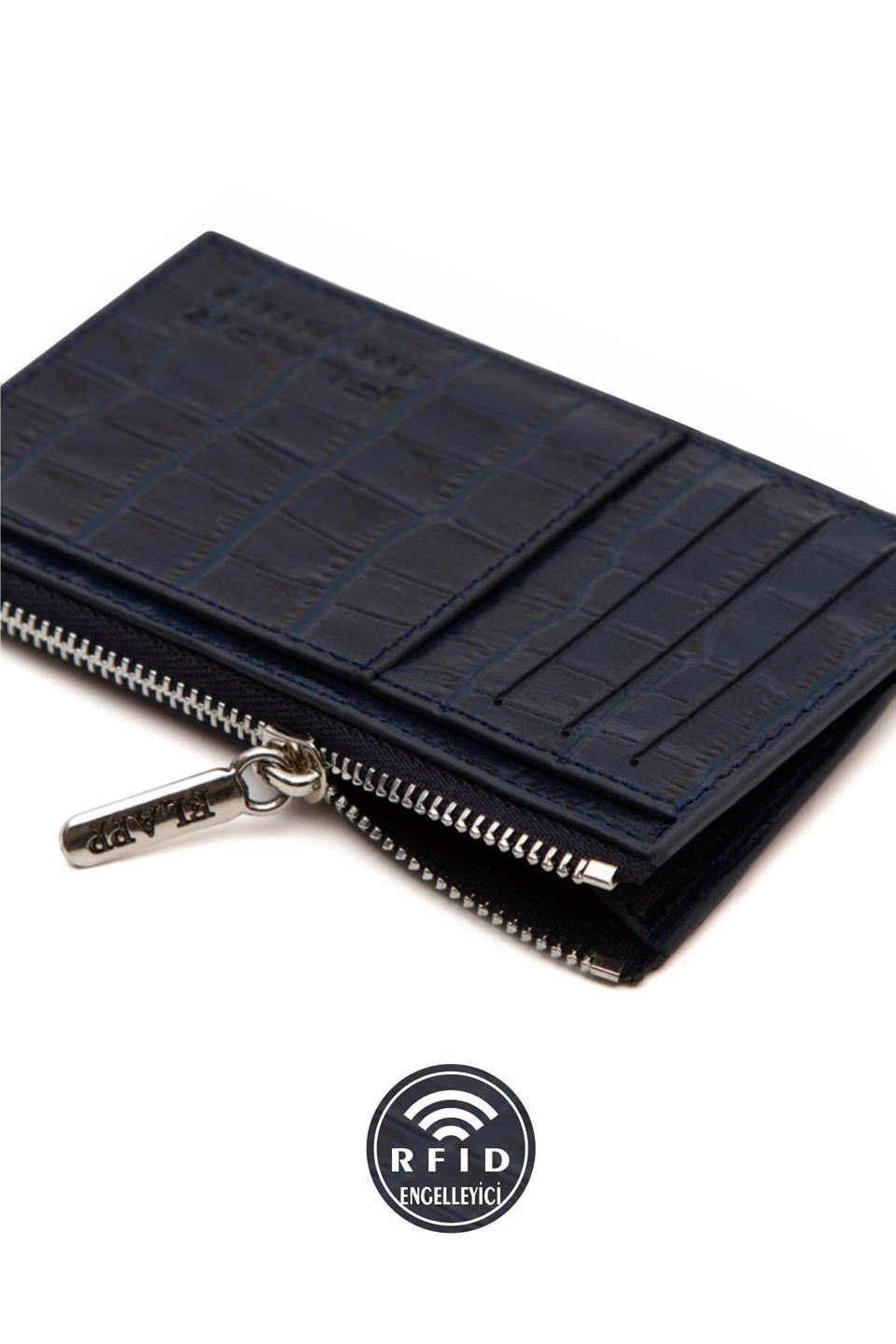Flapp Deri Lacivert Krokodil Rfıd Korumalı Engelleyici Fermuarlı Kadın Çanta Cüzdan