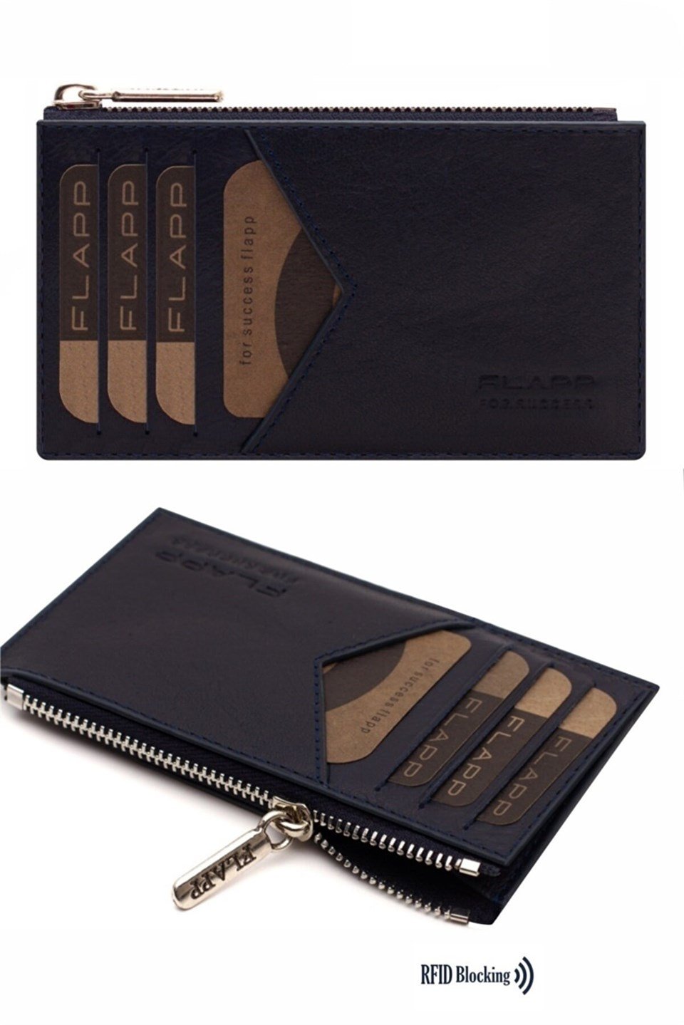 Flapp Deri Lacivert Rfıd Engelleyici Fermuarlı Bozukpara Gözlü Unisex Çanta Cüzdan