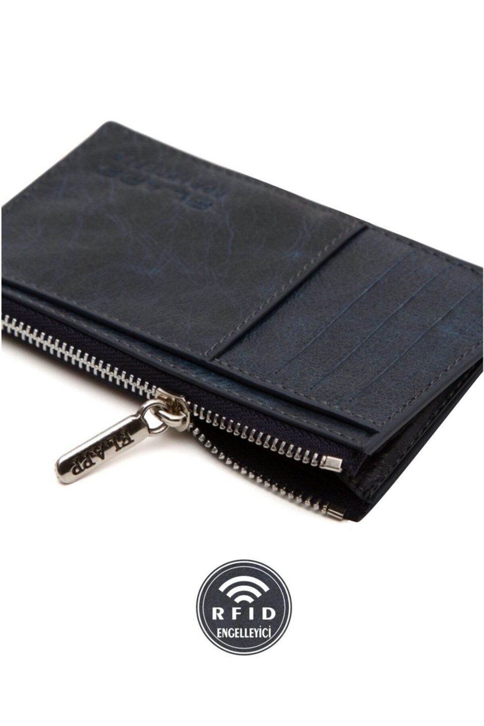 Flapp Deri Lacivert Rfıd Korumalı Engelleyici Fermuarlı Bozukpara Gözlü Kadın Çanta Cüzdan