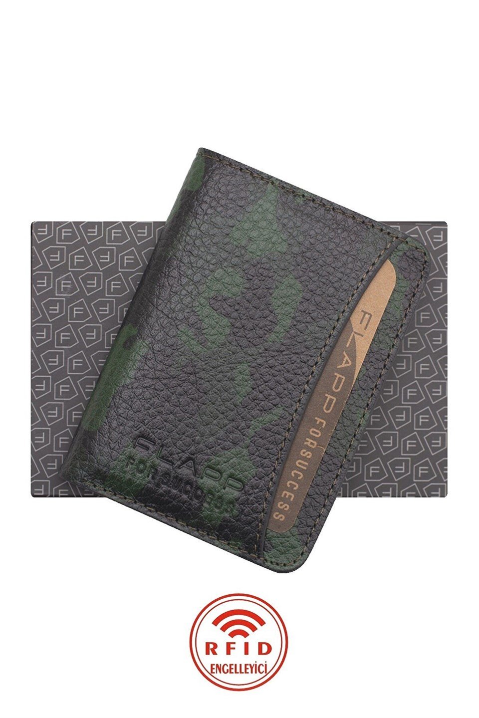 Flapp Hakiki Deri Kamuflaj Siyah Yeşil Rfıd Engelleyici Korumalı Mini Cüzdan Kartlık