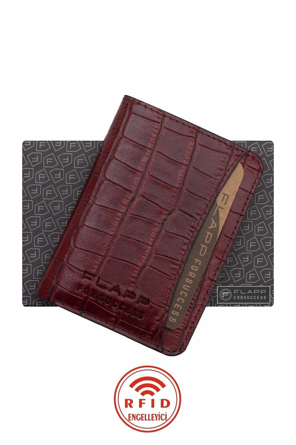 Flapp Hakiki Deri Krokodil Bordo Rfıd Engelleyici Korumalı Mini Cüzdan Kartlık