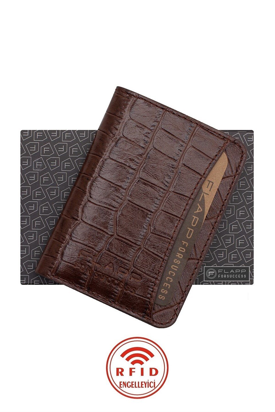Flapp Hakiki Deri Krokodil Kahverengi Rfıd Engelleyici Korumalı Mini Cüzdan Kartlık