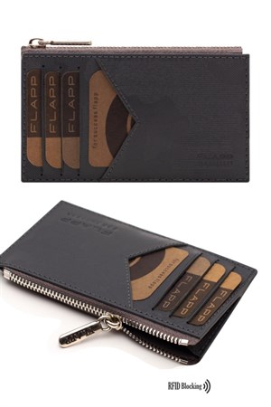 Flapp Deri Desenli Gri Rfıd Engelleyici Fermuarlı Bozukpara Gözlü Unisex Çanta Cüzdan