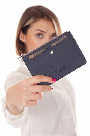 Flapp Deri Desenli Lacivert Rfıd Korumalı Engelleyici Fermuarlı Bozukpara Gözlü Çanta Cüzdan